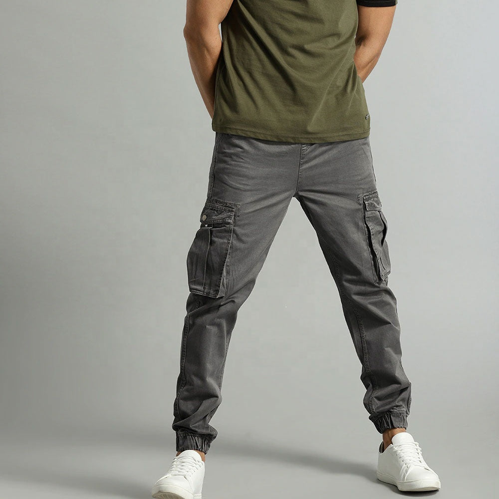 Custom men black drawstring waist nylon pants snap button side pockets zipper detail relax fit cargo camo pants