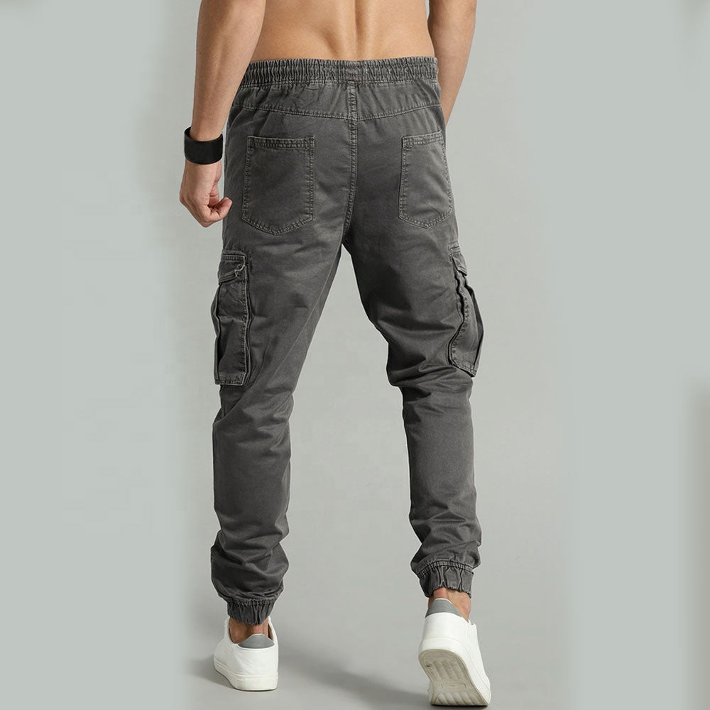 Custom men black drawstring waist nylon pants snap button side pockets zipper detail relax fit cargo camo pants