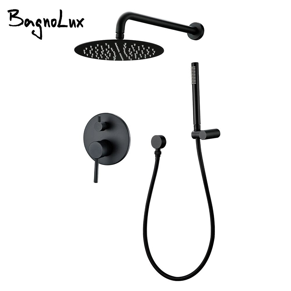 Brass Black Bathroom Shower Set 8" Rianfall Shower Head Shower Faucet Wall Mounted Shower Arm Diverter Mixer Handheld Set
