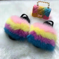 new arrival wholesale colorful fur cute raccoon fox fur slippers summer toddler fur slides kids girls shoes and bags set 2021