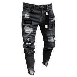 New Italy Style Men's Distressed Destroyed Badge Pants Art Patches Skinny Biker White Jeans Slim Trousers men denim jeans
