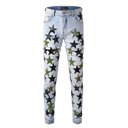 Dropshipping Ripped Distressed Leather Star Patch  Designer Mens denim Jeans
