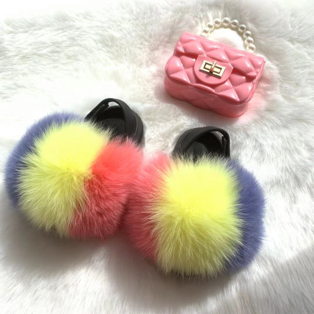 new arrival wholesale colorful fur cute raccoon fox fur slippers summer toddler fur slides kids girls shoes and bags set 2021