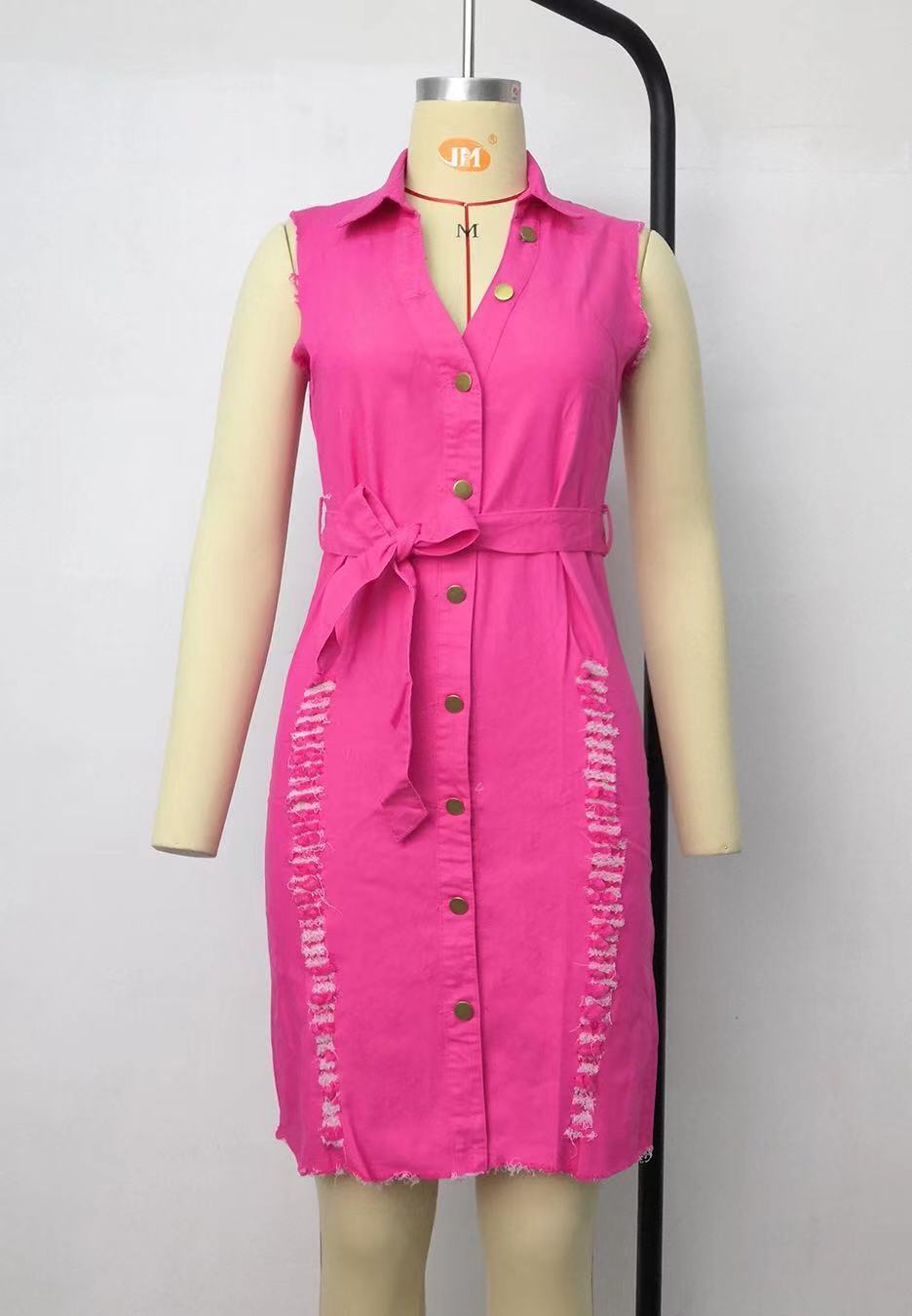 2020 summer women jeans sleeveless reverse collar washed and polished jeans dress
