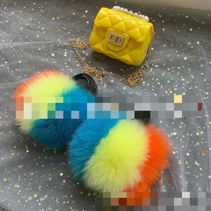 new arrival wholesale colorful fur cute raccoon fox fur slippers summer toddler fur slides kids girls shoes and bags set 2021