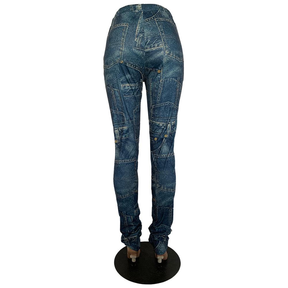 h3618 winter hot selling casual denim printing pocket patchwork drawstring waist stacked long pants