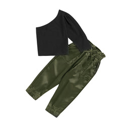 Conyson 2pcs Fashion Autumn Kids Girls Clothes Sets Long Sleeve One Shoulder Solid Tops Elastic Pants Outfits Kids Clothing