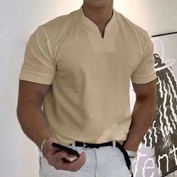 Muscular men's fitness plus-size sports t-shirt men's stretch cotton pocket short-sleeved summer V-neck Polo shirt