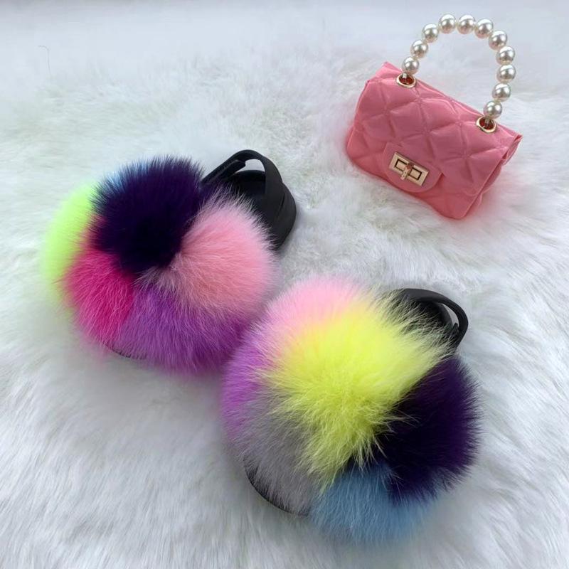 new arrival wholesale colorful fur cute raccoon fox fur slippers summer toddler fur slides kids girls shoes and bags set 2021