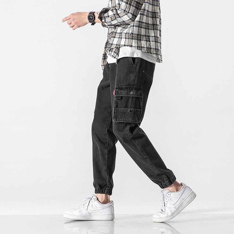 casual young style jeans pants for men middle waist slim pockets mens denim trousers 2021 fall casual streetwear