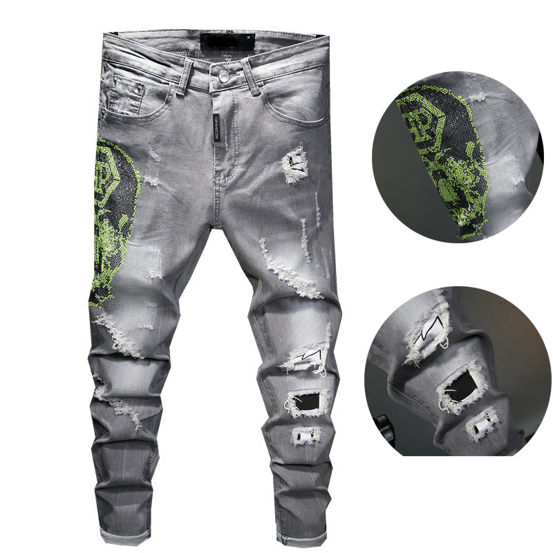 Europe and the United States Skinny Pants Badge Jeans Men Trendy Knee Hole Biker Jeans Low Cheap Price Men Jeans Denim