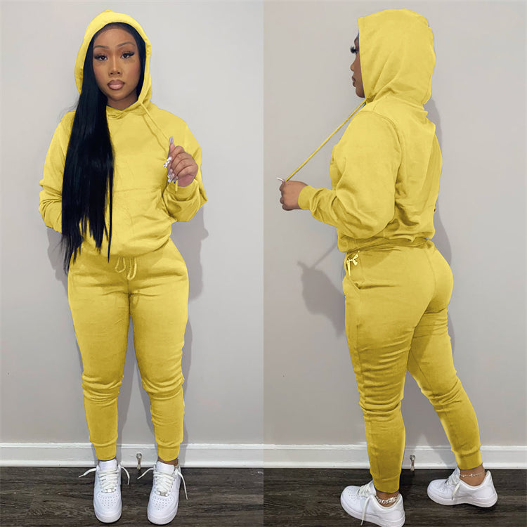 new arrival 2021 autumn winter casual sports solid color hoodie two piece outfits set women clothing two piece pants set