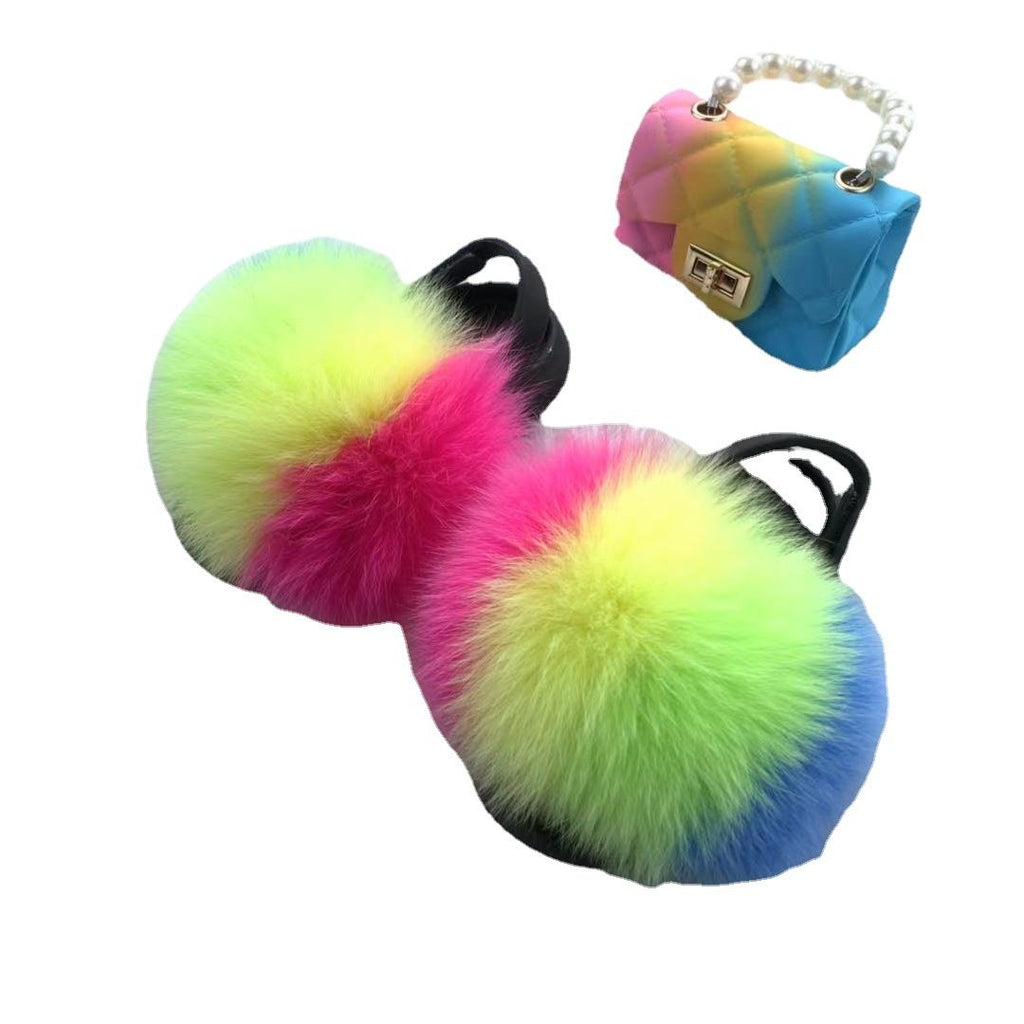 new arrival wholesale colorful fur cute raccoon fox fur slippers summer toddler fur slides kids girls shoes and bags set 2021