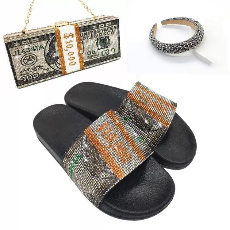 fanlosn trending best selling rhinestone dollar purse women bag and sneakers set slippers bling headband