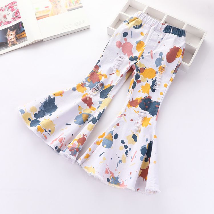 Elastic tie dye Kids Bell Bottom Pants Ripped Jeans 100% Cotton pattern holes style kids jeans pants for girl