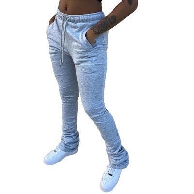 h3618 winter hot selling casual denim printing pocket patchwork drawstring waist stacked long pants