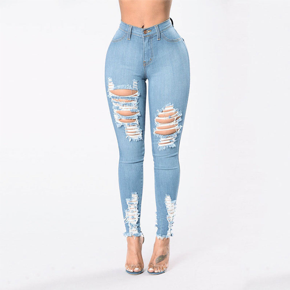Plus size women's ripped elastic slim pants apparel women's clothing demin jeans trousers for women