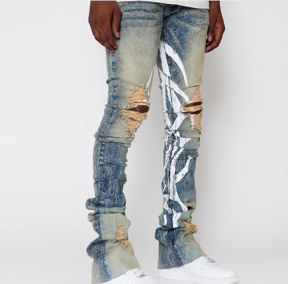 Vintage stacked denim pants wholesale custom slim fit prints ripped stacked jeans men flare