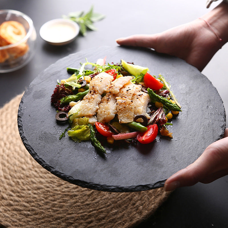 Wholesale Restaurant Sushi Stone Tray Round Slate Stone Plates Dinner Plate Black Serving Dishes For Catering Restaurant Hotel