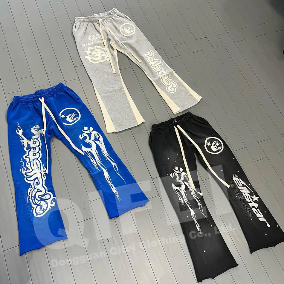 Custom mens track stacked flair trouser 100% cotton flared sweatpants painted flare sweat pants men