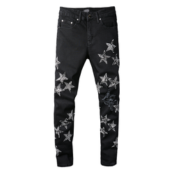 Dropshipping Ripped Distressed Leather Star Patch  Designer Mens denim Jeans