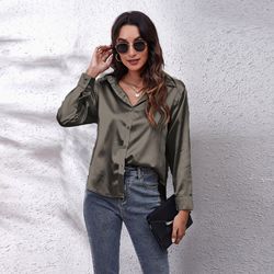 Wholesale multicolor casual shirt women's blouses & shirts fashion plain plus size top satin silk shirts