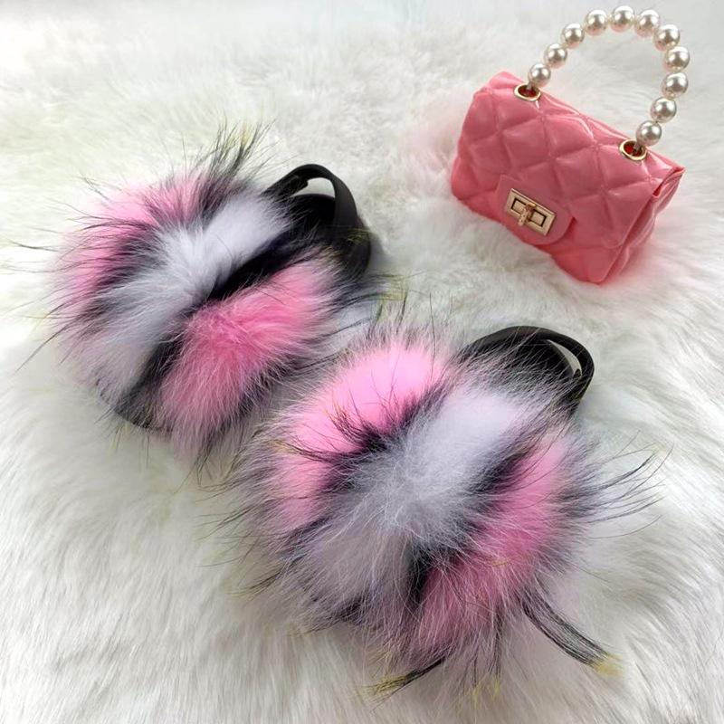 new arrival wholesale colorful fur cute raccoon fox fur slippers summer toddler fur slides kids girls shoes and bags set 2021