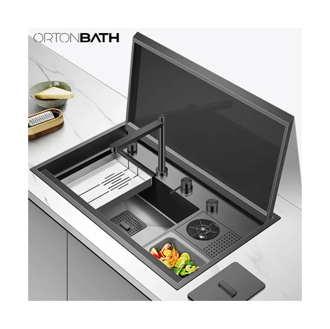 ORTONBATH SUS304 hidden sink lids covered sink fine brushed with drainer handmade kitchen sink model