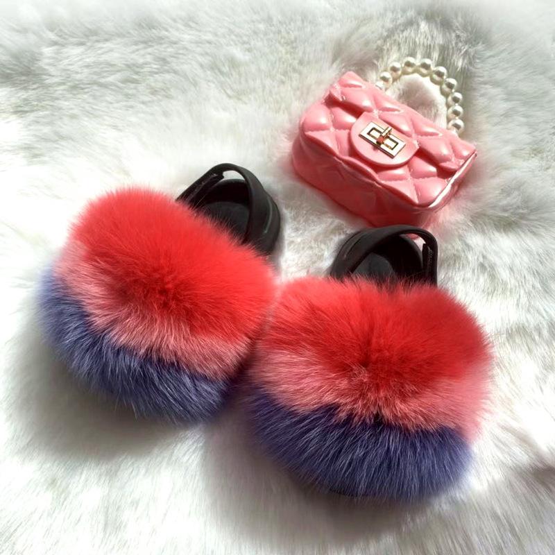 new arrival wholesale colorful fur cute raccoon fox fur slippers summer toddler fur slides kids girls shoes and bags set 2021