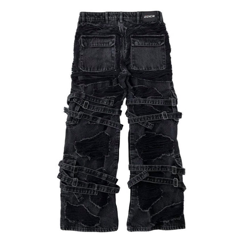 DiZNEW fashion stylish trendy designer light black Strap decoration jeans allover distressed custom jeans for men