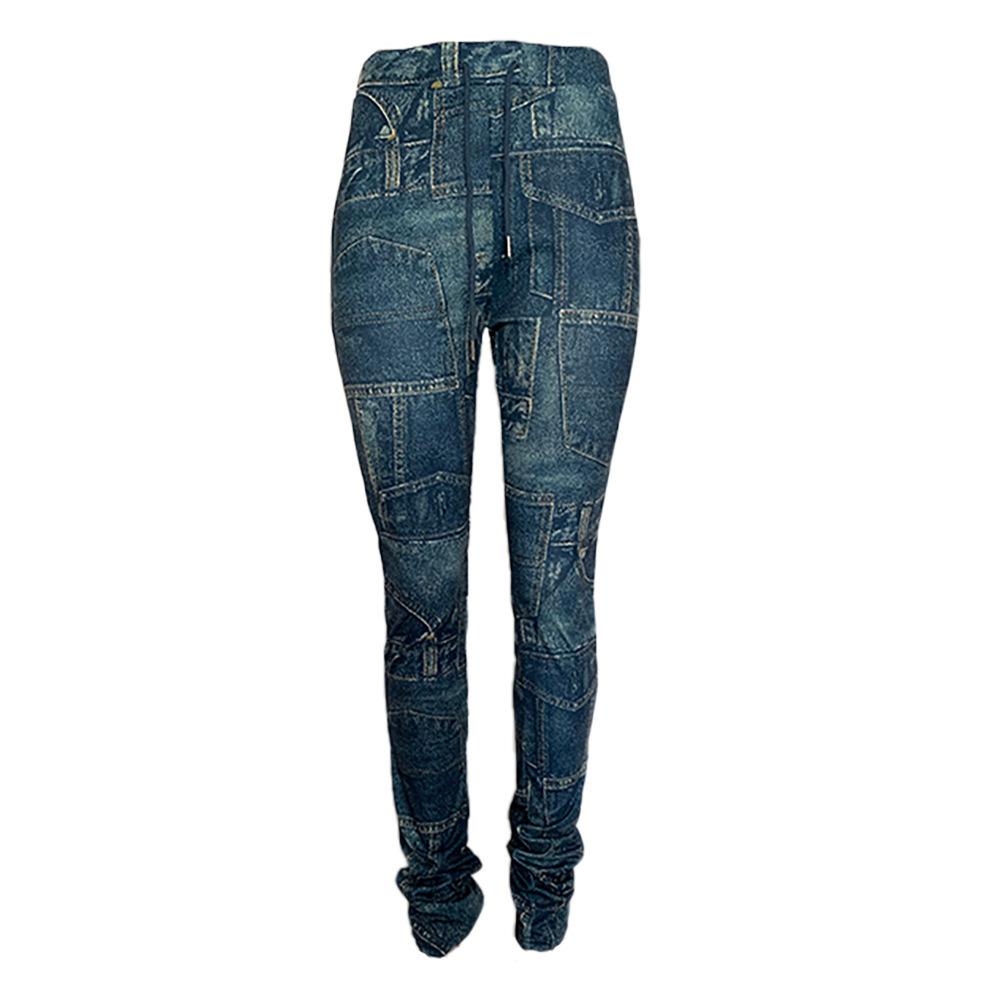 h3618 winter hot selling casual denim printing pocket patchwork drawstring waist stacked long pants