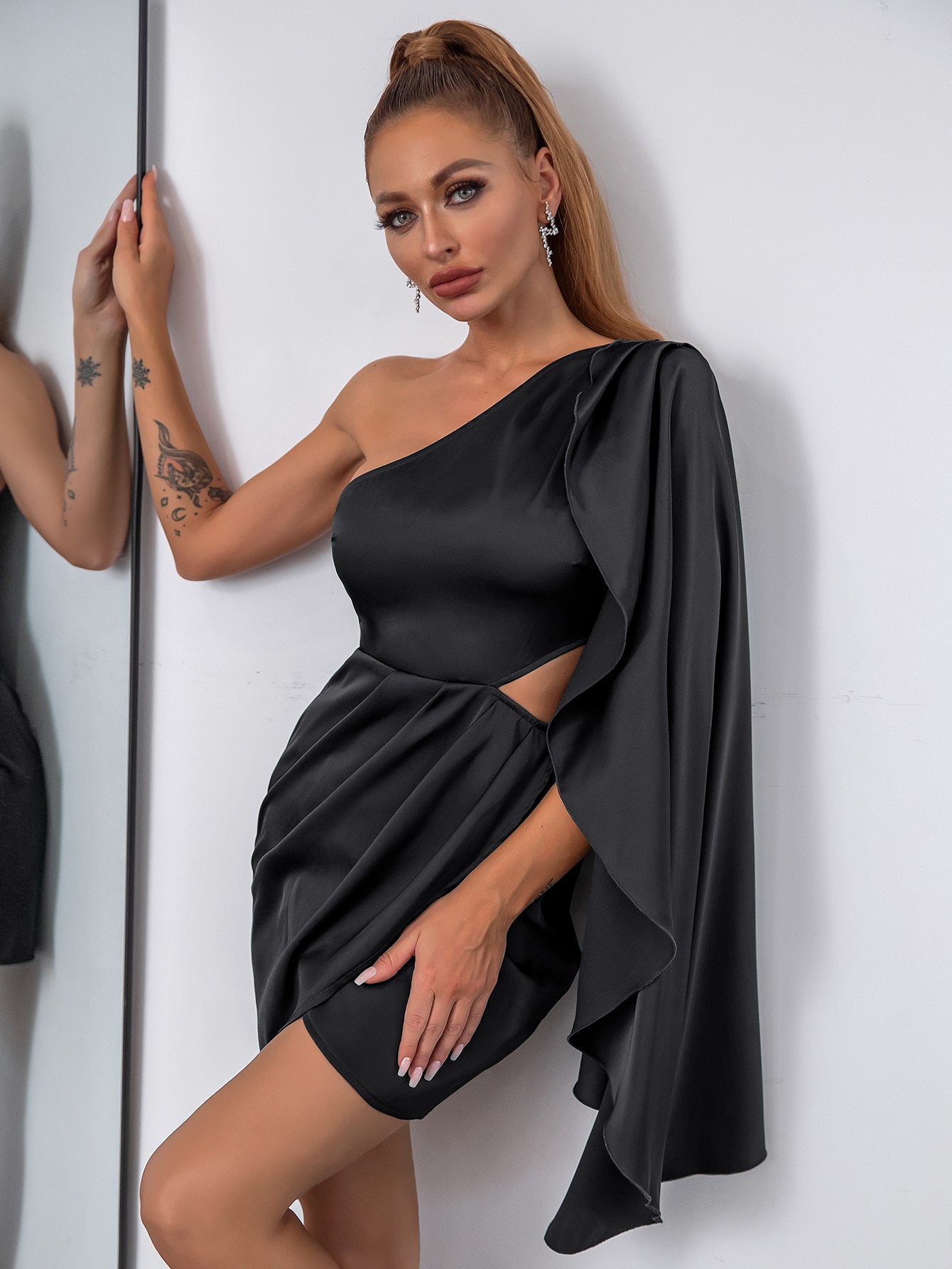 dropshipping shein double crazy one shoulder drape side cut out satin party dress