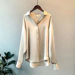 Wholesale Autumn Spring Korea straight retro design women stain shirt solid color long sleeve causal lady's tops blouse shirt