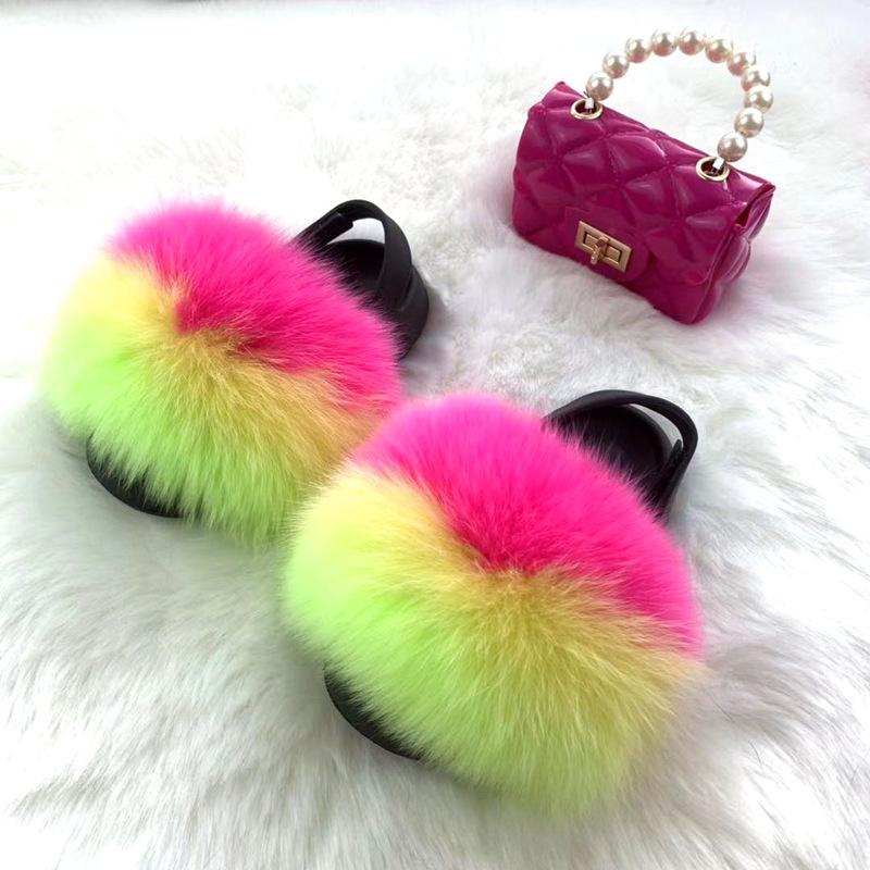 new arrival wholesale colorful fur cute raccoon fox fur slippers summer toddler fur slides kids girls shoes and bags set 2021