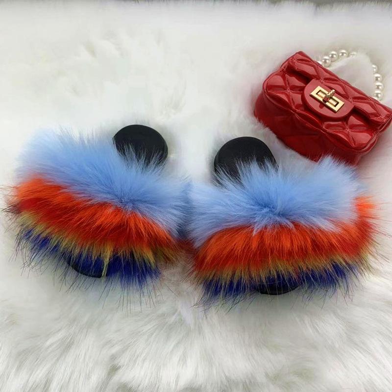new arrival wholesale colorful fur cute raccoon fox fur slippers summer toddler fur slides kids girls shoes and bags set 2021