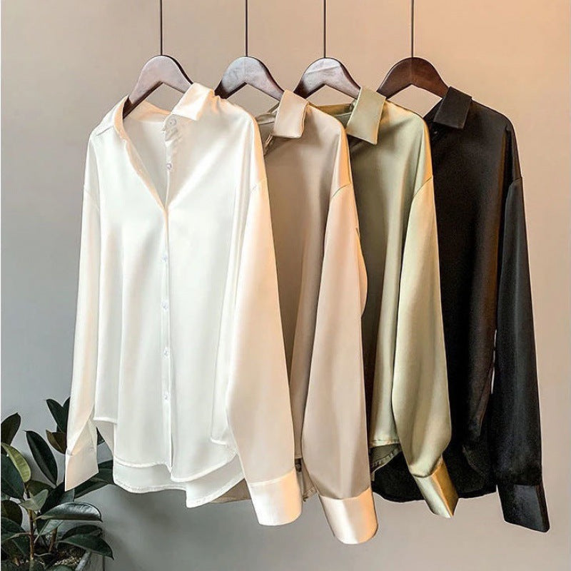 Wholesale Autumn Spring Korea straight retro design women stain shirt solid color long sleeve causal lady's tops blouse shirt