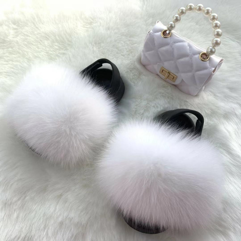 new arrival wholesale colorful fur cute raccoon fox fur slippers summer toddler fur slides kids girls shoes and bags set 2021