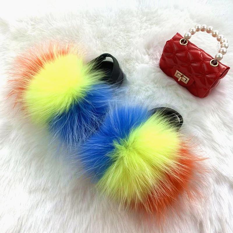 new arrival wholesale colorful fur cute raccoon fox fur slippers summer toddler fur slides kids girls shoes and bags set 2021