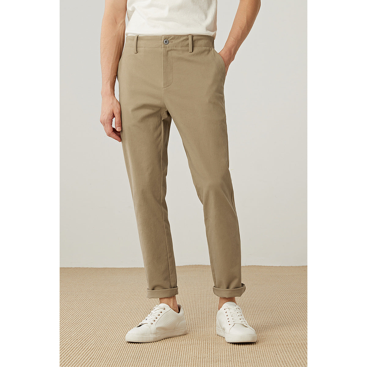 Men's 2023 spring new straight casual pants men's solid color mid-waist men's casual pants