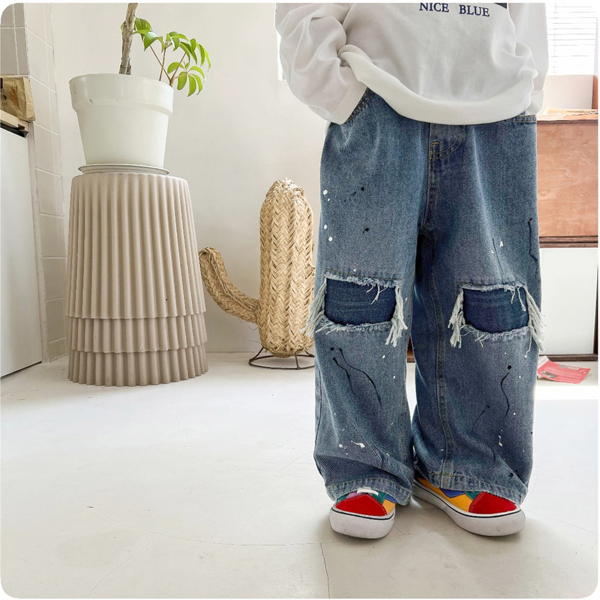 2023 Spring Kids Trousers Boys Fashion Ripped Jeans Baby Girls Loose Casual Denim Pant hole trousers