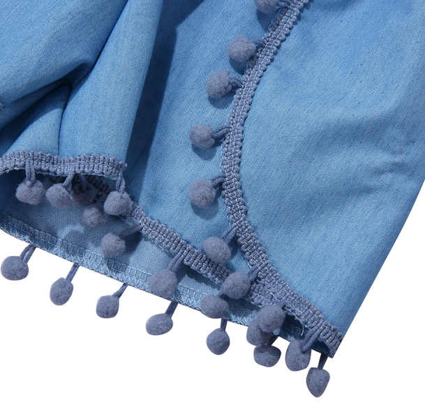 Wholesale trending baby denim clothing pompoms jumpsuit for baby and girls and toddler solid romper unisex baby clothes