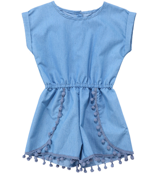 Wholesale trending baby denim clothing pompoms jumpsuit for baby and girls and toddler solid romper unisex baby clothes
