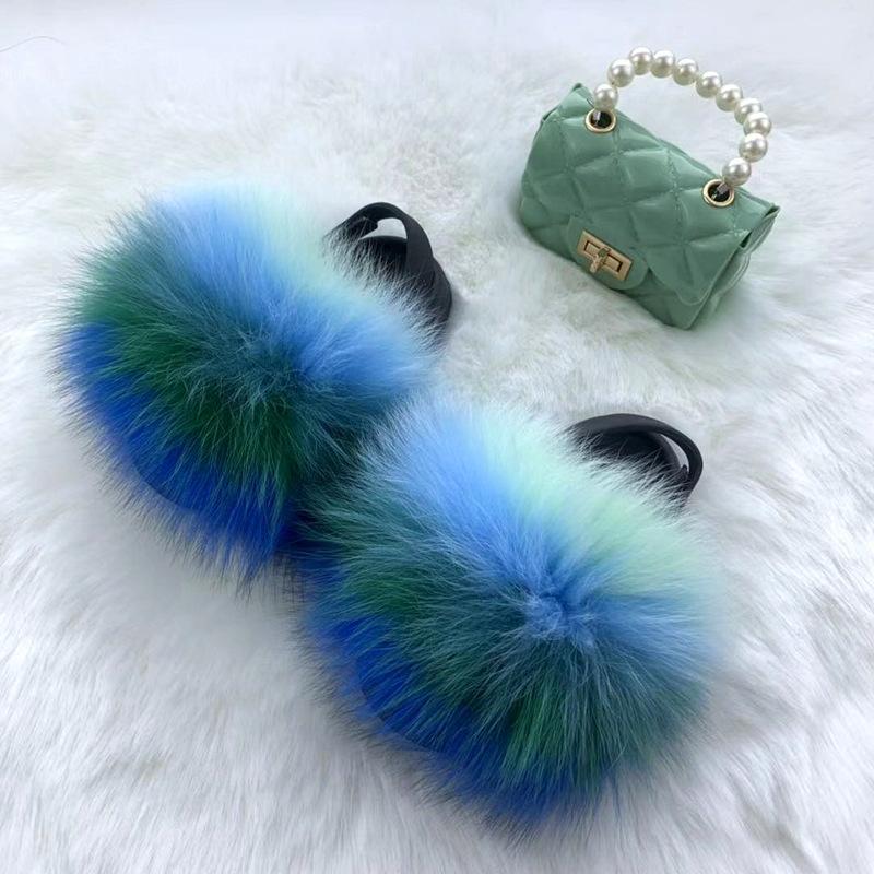 new arrival wholesale colorful fur cute raccoon fox fur slippers summer toddler fur slides kids girls shoes and bags set 2021
