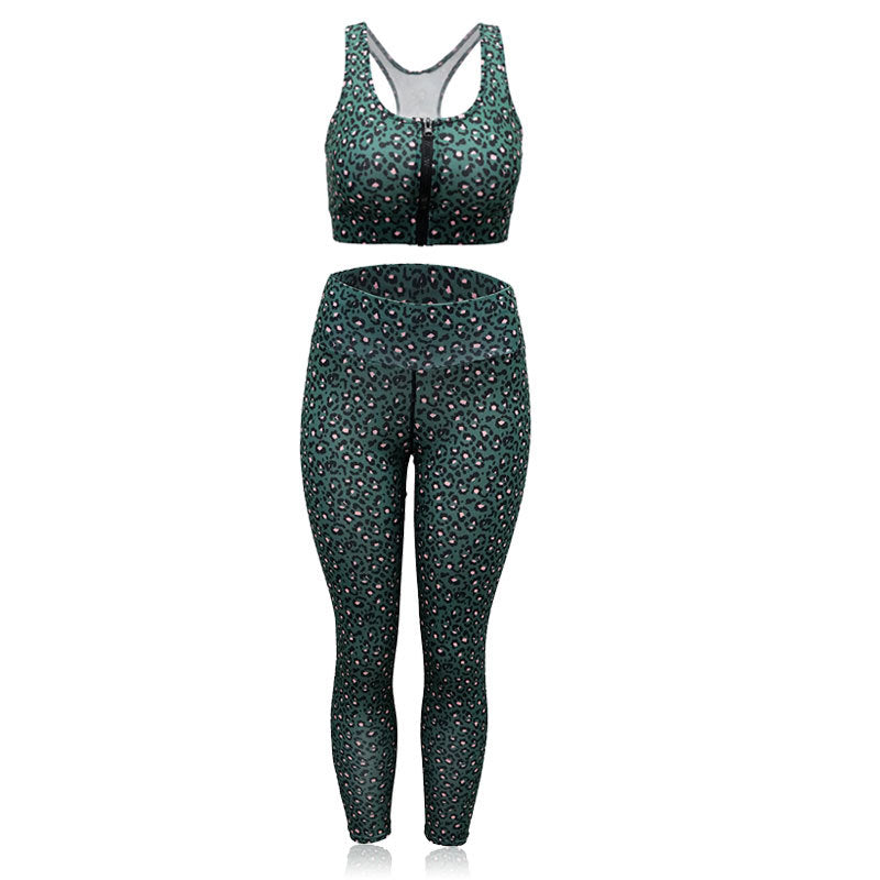 yoga pants gym sports capri flare tummy control leopard print 2 piece set bra and leggings