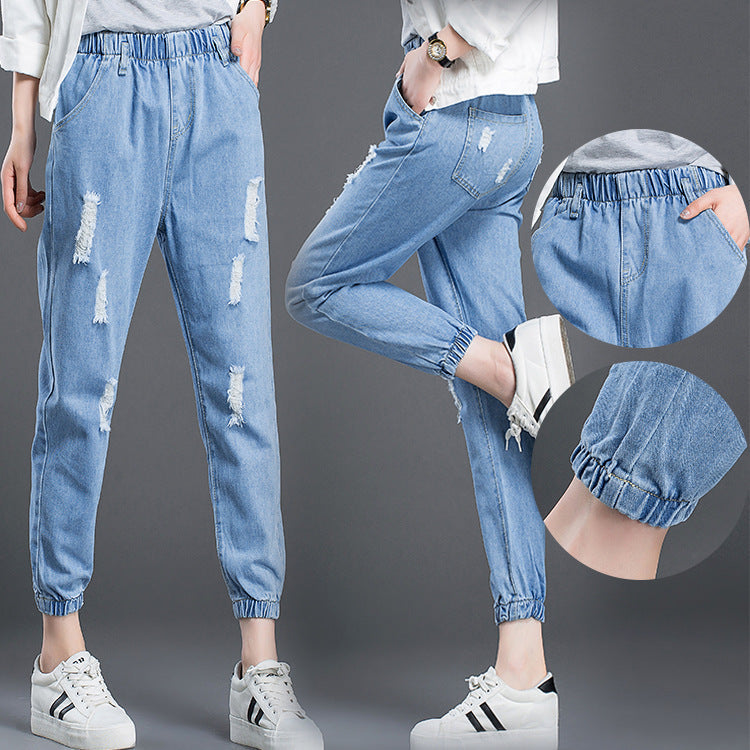 mid waist leisure harem pants nine pants large size elastic waist jeans loose jeans