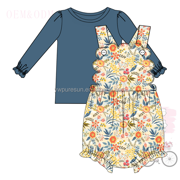 Newest fall sister clothing puffy sleeve knitted shirt scallop design dress bubble children wear girls kids clothes set