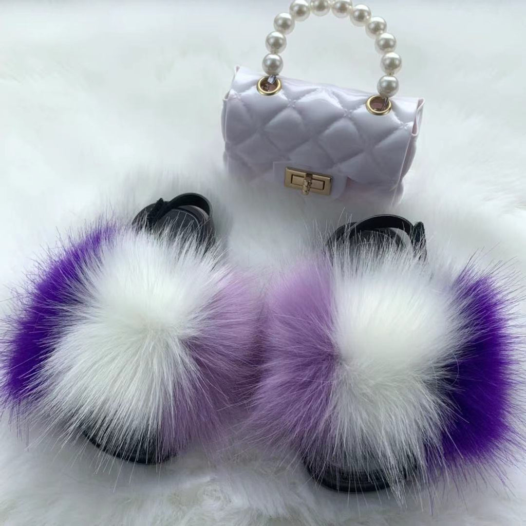 new arrival wholesale colorful fur cute raccoon fox fur slippers summer toddler fur slides kids girls shoes and bags set 2021