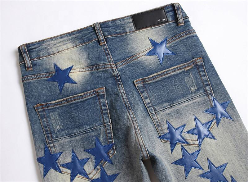 3323 New trendy 2023 y2k clothing denim jeans pants for men vintage blue star patches jeans men custom stacked ripped jeans