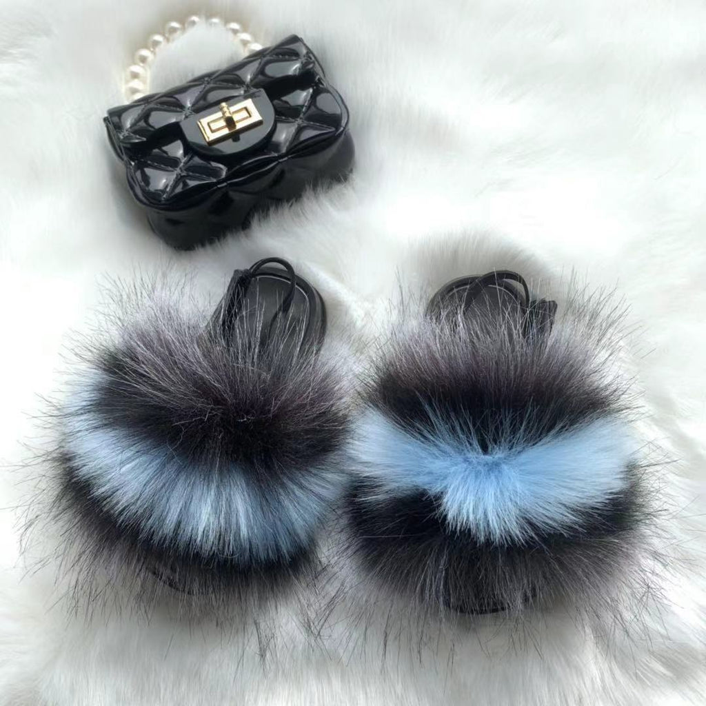 new arrival wholesale colorful fur cute raccoon fox fur slippers summer toddler fur slides kids girls shoes and bags set 2021