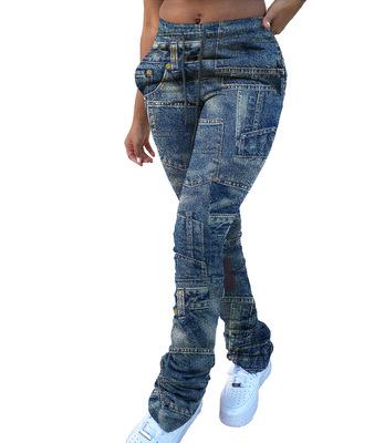 h3618 winter hot selling casual denim printing pocket patchwork drawstring waist stacked long pants